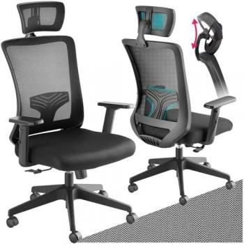 Tectake - Silla de oficina ergonómica Arges con reposacabezas ajustable, giratoria 360°, acolchado cómodo, respaldo ergonómico y apoyo lumbar regulable en altura