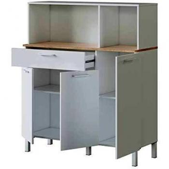 Alacena de Cocina, Aparador Comedor, Mueble Auxiliar 3 Puertas + 1 Cajon y Estante Interior, Acabado en Blanco Artik y Roble Canadian, Medidas: 108 cm