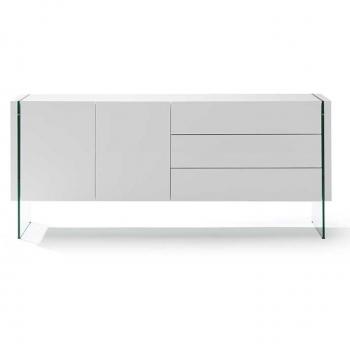 Aparador moderno de MDF y cristal templado lacado blanco con 2 puertas y 3 cajones, 180 cm