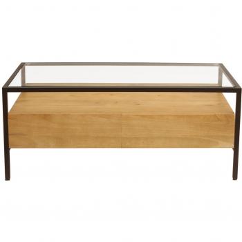 Miliboo Mesa de centro rectangular con almacenaje de madera maciza de mango, cristal y metal negro 100 cm SITA
