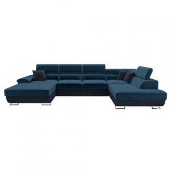 Sofá rinconero Comfivo 241, azul, con función de descanso y caja de ropa de cama, dimensiones 345x202x71cm