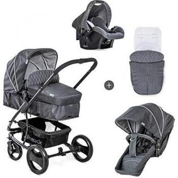 Hauck Pacific 4 Shop N Drive - Carro de Bebe de 6 Piezas, hasta 25 kg, Grupo 0+, Capazo Transformable, Silla Reversible, Colchón, Cubrecapazo, Cubrepies, Saquito, Ligero, Carbón Melange
