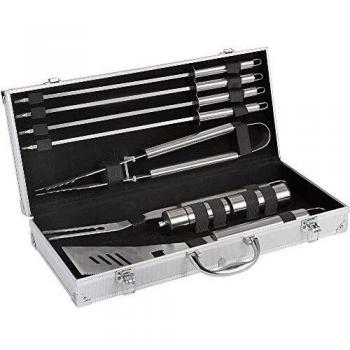 Juego de 9 Utensilios para Barbacoa de Acero Inoxidable - Incluye Tenedor, Pinzas, Espátula, 4 Palitos para Brochetas, Salero y Pimentero