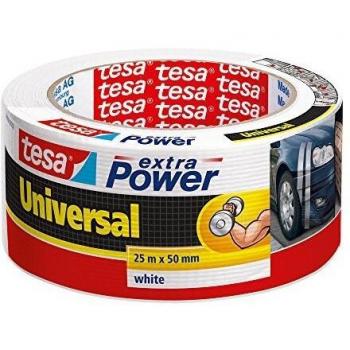 tesa Extra Power Universal , Cinta Adhesiva Americana Reforzada para Reparar, Fijar, Agrupar, Reforzar o Sellar , Blanca , 25 m x 50 mm