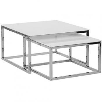 Conjunto de 2 mesas de centro nido con tablero blanco y marco plateado, vidrio templado y patas de acero inoxidable BREA