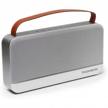 Thomson WS03 – Altavoz inalámbrico Bluetooth de diseño con asa de transporte en cuero color plata