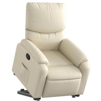 Sillón Reclinable Elevable de Cuero Artificial Color Crema con Respaldo y Reposabrazos, Asiento Ajustable, Sillón Orejero de Relax TV
