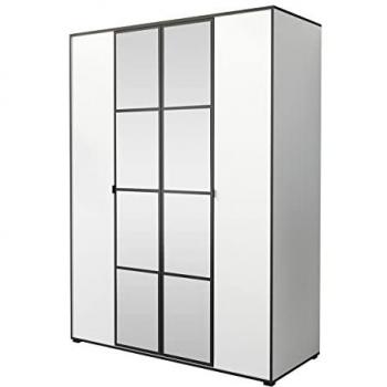 Armario Toledo 117, Blanco y Negro, 206x150x65cm, Puertas con Bisagras y 5 Estantes, Elegante Diseño con Espejo Frontal
