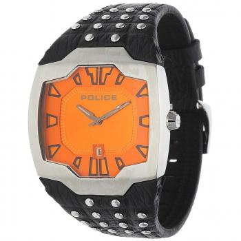 Police Beast Men's Mechanical Watch with Orange Dial Analogue Display and Black Leather Strap 13634JS/17
