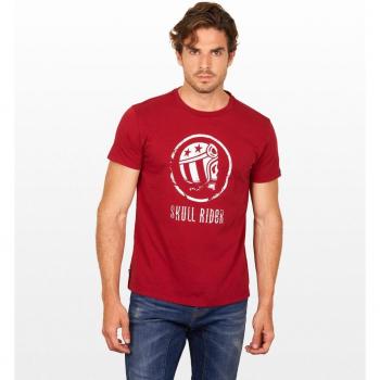 Camiseta de Hombre Skull Rider de Manga Corta en Algodón Orgánico con Dibujo Frontal Color Burdeos, Tallas L-3XL