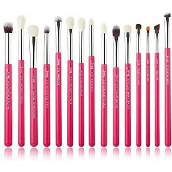 Equipo de 15 pinceles de maquillaje Jessup, para sombra de ojos y l¨¢piz labial, de fibra de vidrio, color rosa y plata T197