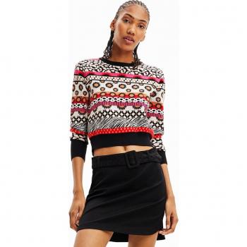 Desigual Chic Pink Contrast Crew Neck Sweater - L, Round-neck Knitwear, female, Multicolor, Size: L Long-Sleeved Crew Neck Sweater with Contrast Details and Logo