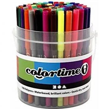 Marcadores Colortime, Punta 2 mm, Colores Asortidos, 100 Piezas, 1 Cubeta