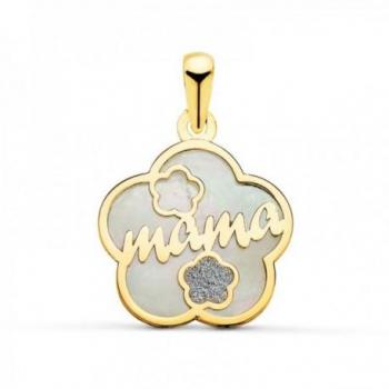 Colgante de Oro 18k con Flor, Nácar, Flores de Polvo y Circonita de 15 mm para Mujer