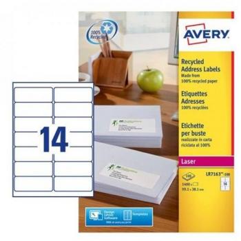 Avery Recycled White Laser Address Labels, 99.1 x 38.1mm, 14 per A4 Sheet, QuickPEEL, 1400 Labels (LR7163-100)