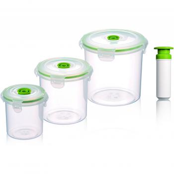 Vacuumsaver Set de Tuppers al Vacío Redondos, Plástico, Transparente y Verde, 31x59x47 cm, 3 Unidades