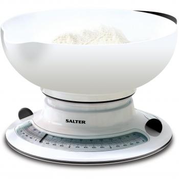 Salter 800 WHBKDR Bascula de cocina mecánica analogico con bol, recipiente de medición fácil de verter, doble esfera giratoria, función de añadir y pesar, mide alimentos y líquidos, blanco