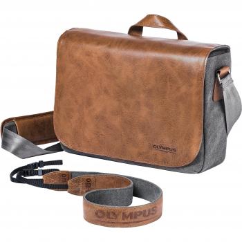 Olympus OM-D Messenger Bag - Bolsa con correa de piel para cámara, marrón y gris