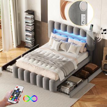 Cama tapizada en terciopelo gris 140x200cm con 4 cajones, luces LED y puertos de carga