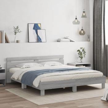 Cama solar con cabecero y luces LED gris Sonoma 200x200 cm