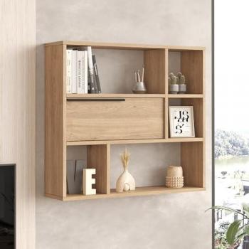 Estantería de Pared Vesanto 90x22x81cm con Puerta Abatible y 5 Compartimentos - Efecto Roble/Negro