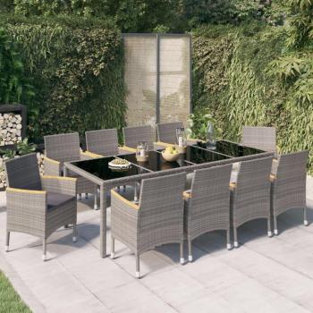 11-Piece Outdoor Dining Set with Cushions in Black and Grey Poly Rattan