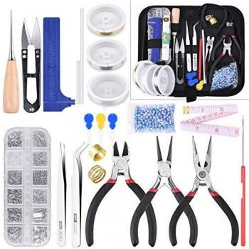 COODEN 18 piezas de fabricación de joyas, herramientas de hallazgos de joyería con 2 rollos de poliéster elástico Strester Cord cordón de cristal y 950 piezas de joyería para hacer joyas CM34