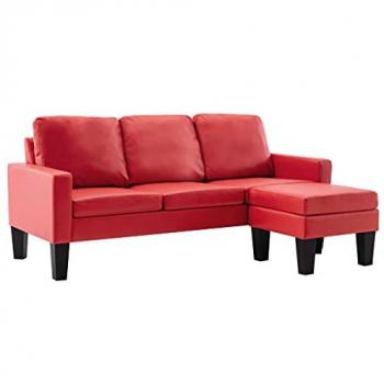 Sofá de 3 plazas con reposapiés en cuero sintético rojo
