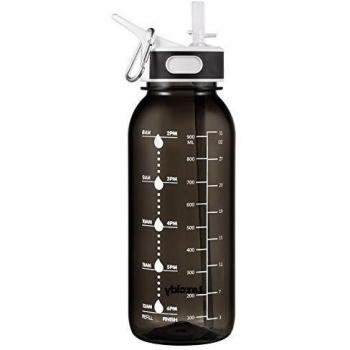 GHONLZIN Botella de Agua Deportiva, 1L Water Bottle, Botella Agua sin BPA Reutilizable Botellas de Agua para Lavavajillas con Marcador de Tiempo para Athletic, Gimnasio, Oficina