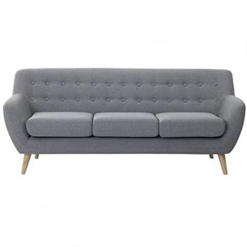 Sofá 3 Plazas Acolchado Gris Claro con Respaldo Capitonné y Patas de Madera Clara - Estilo Minimalista Escandinavo Motala