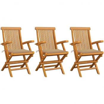 Sillas de jardín 3 uds madera maciza de teca con cojines beige
