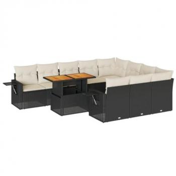11-Piece Black Poly Rattan Garden Sofa Set with Cushions