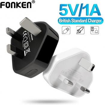 Cargador USB de Pared FONKEN 3 Pines UK 5V 1A para Smartphone y Tablet, Adaptador de Corriente Universal Rápido Negro
