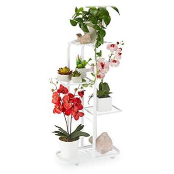 Estantería de Acero para Plantas con 4 Baldas, Soporte para Macetas, Escalera Interior y Exterior, 81x44x24,5 cm, Color Blanco