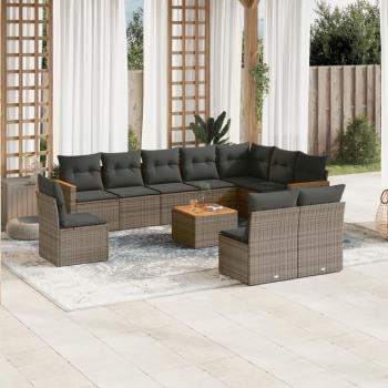 11-Piece Grey Poly Rattan Garden Sofa Set with Cushions