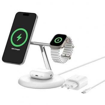 Belkin Cargador Inalámbrico 3 en 1 BoostCharge Pro con Qi2, 15 W, Magnético para iPhone, AirPods y Apple Watch, Blanco