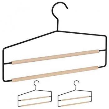 Perchas Doble para Pantalones, Pack de 3, Organizador Antideslizante, Madera y Metal, Negro/Natural - Relaxdays