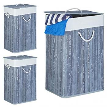 Cestos de Ropa Sucia Plegables Relaxdays - 3 Cubos Rectangulares con Tapa, Material de Bambú, Capacidad Total de 83L, Dimensiones: 65,5 x 43,5 x