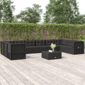 10-Piece Black Poly Rattan Outdoor Lounge Set with Cushions