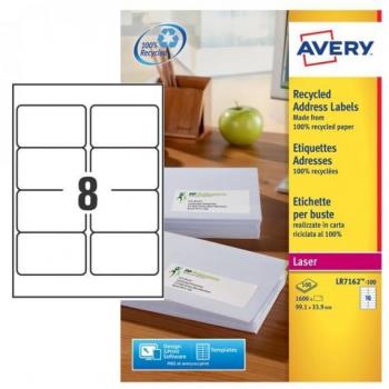 Avery QuickPEEL LR7165-100 Recycled White Laser Addressing Labels, 99.1 x 67.7mm, 8 Per Sheet, Pack of 800