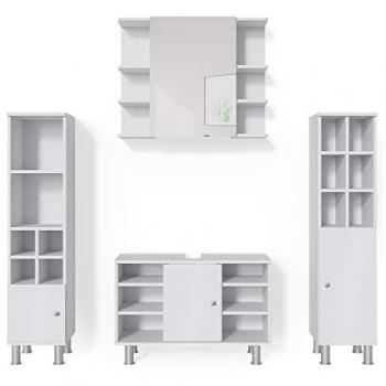 Conjunto de muebles de baño Fynn, Blanco, 4 piezas, con armario alto y espejo