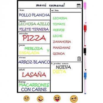 ASMARPA Pizarra Magnetica Nevera,Planificador de Menu,Dieta Magnética, Recordatorio, Lista de la Compra Calendario Magnetico Incluye 4 Rotuladores de Color+4 Emoyi,Semanal en Español