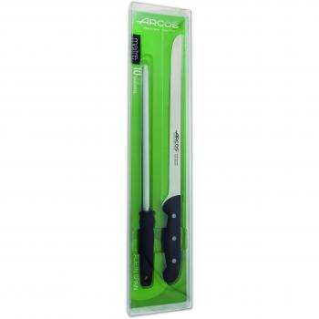 Arcos Maitre, Set Jamonero 2 piezas, Jamonero + Chaira, Acero Inoxidable Nitrum 275 mm, Mango Polipropileno Negro