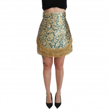 Dolce & Gabbana Blue High Waist Jacquard Tassel Gold Skirt - IT38|XS