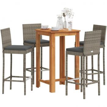5-Piece Grey Acacia Wood and Poly Rattan Garden Bar Set