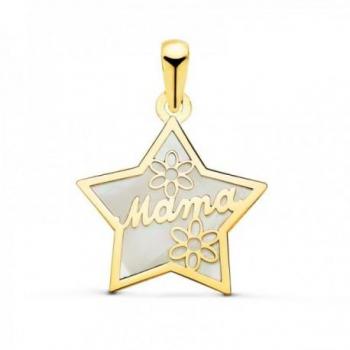 Colgante de Oro 18k con Estrella, Flores y Nácar de 16 mm para Mujer.