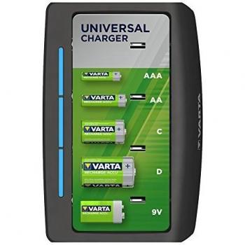 VARTA Cargador universal - Indicador de carga led - Apagado automático de seguridad - Diseño exclusivo de VARTA - Cargas 2 o 4 pilas NiMH AA, AAA, C, D, o una pila de 9 V al mismo tiempo - sin pilas