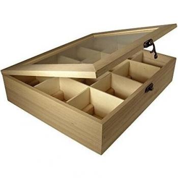 Rayher Caja de madera con compartimentos y tapa, 28,5x23,5x7 cm, caja para té y accesorios, 6241500