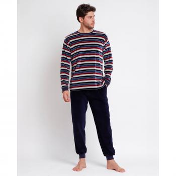Pijama de Hombre Largo de Algodón Azul Marino con Rayas Velour Admas 2024