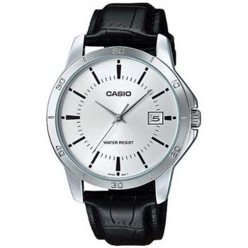 Reloj Casio MTP-V004L-7A para Caballero con Esfera Plateada y Correa de Piel Negra
